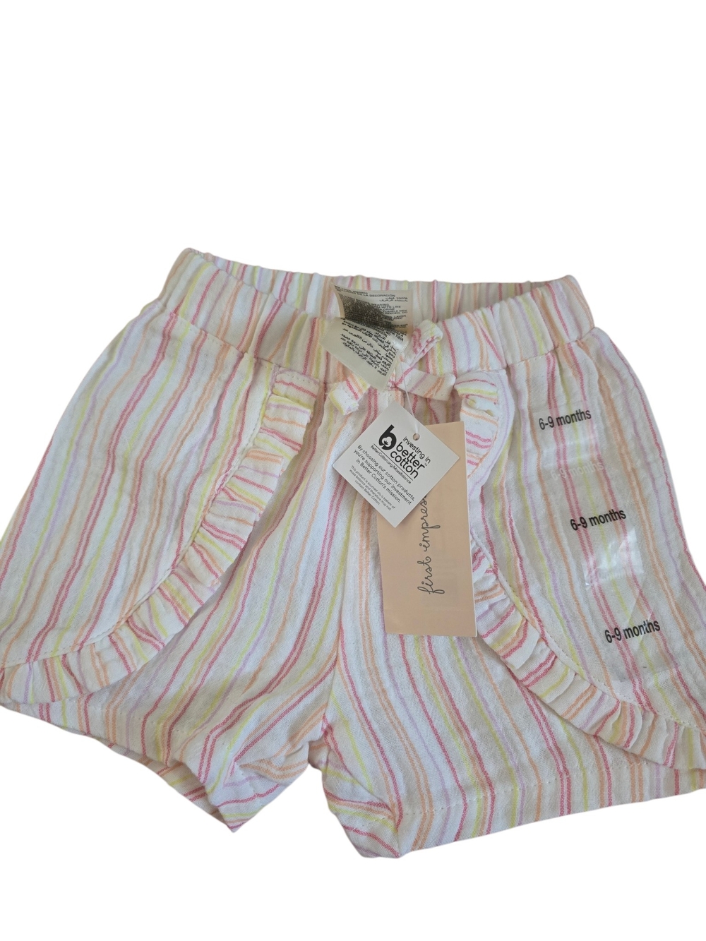First Impressions Pastel Striped Ruffle-Trim Shorts - Pink, Yellow, Green, Blue
